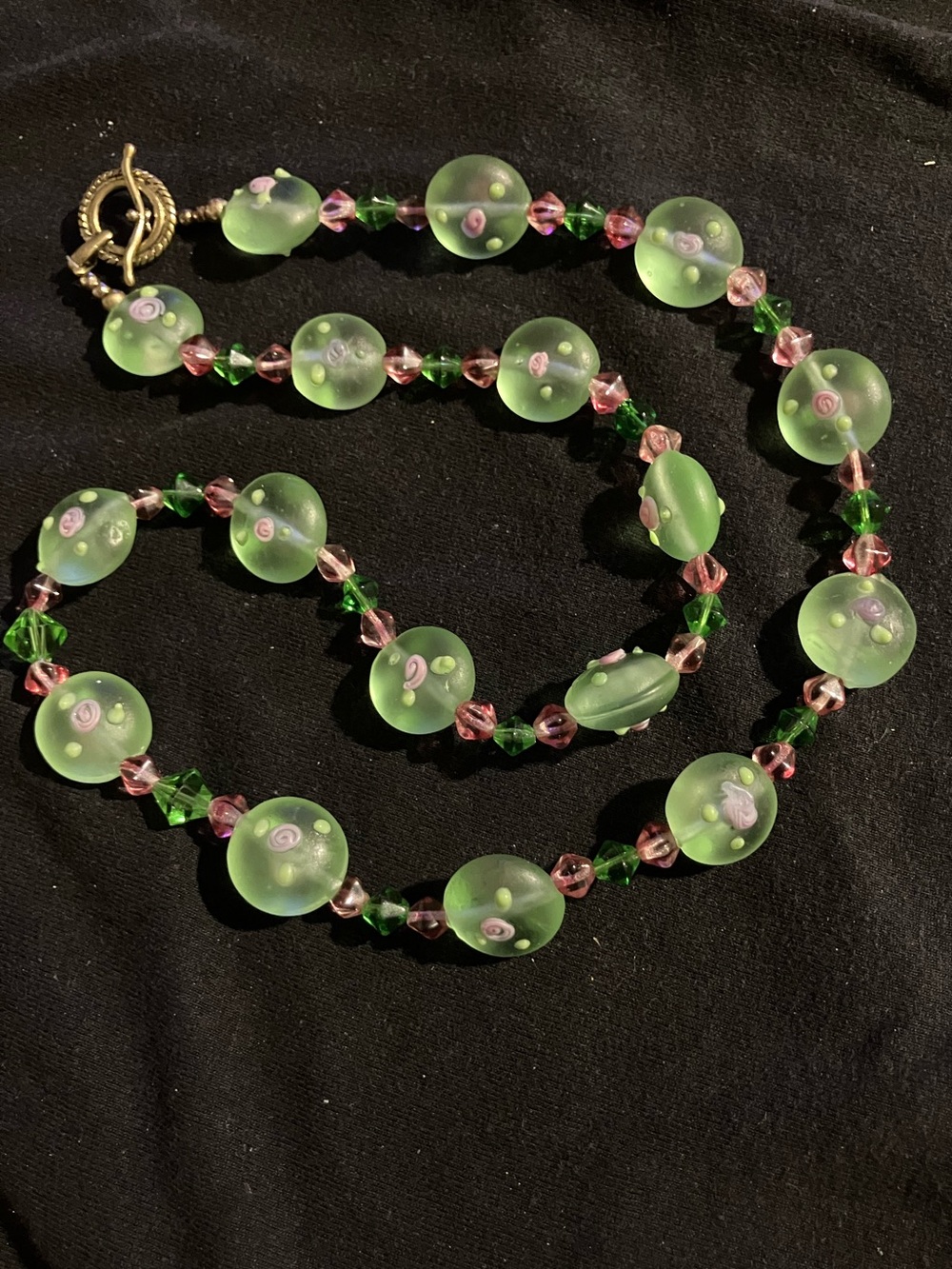 Green Floral Lampwork Glass Bead Necklace with Pink Accents